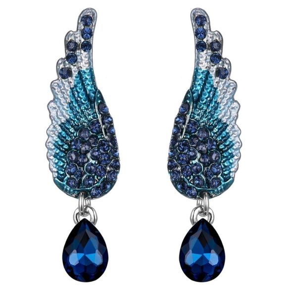 Silver with Sapphire Blue Crystal Angel Wing Enamel Dangling Post Back Earrings - Picture 1 of 5